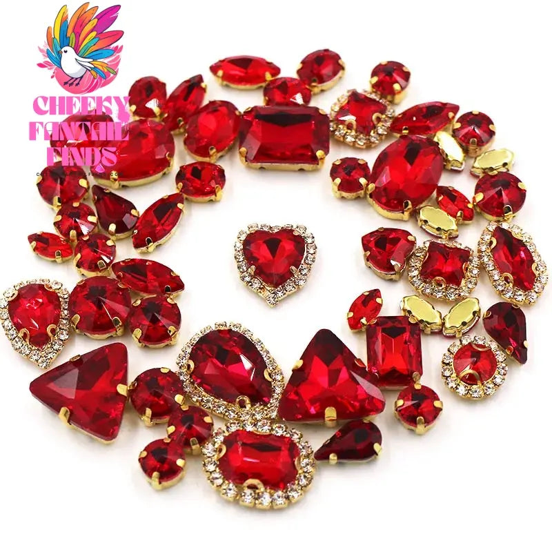50pcs/Bag Shiny 24 Color Mixed Shape Sew on Glass Rhinestone Gold Claw Crystal Buckle Diy Wedding Decoration Clothes/Shoe/Dress Cheeky Fantail Finds
