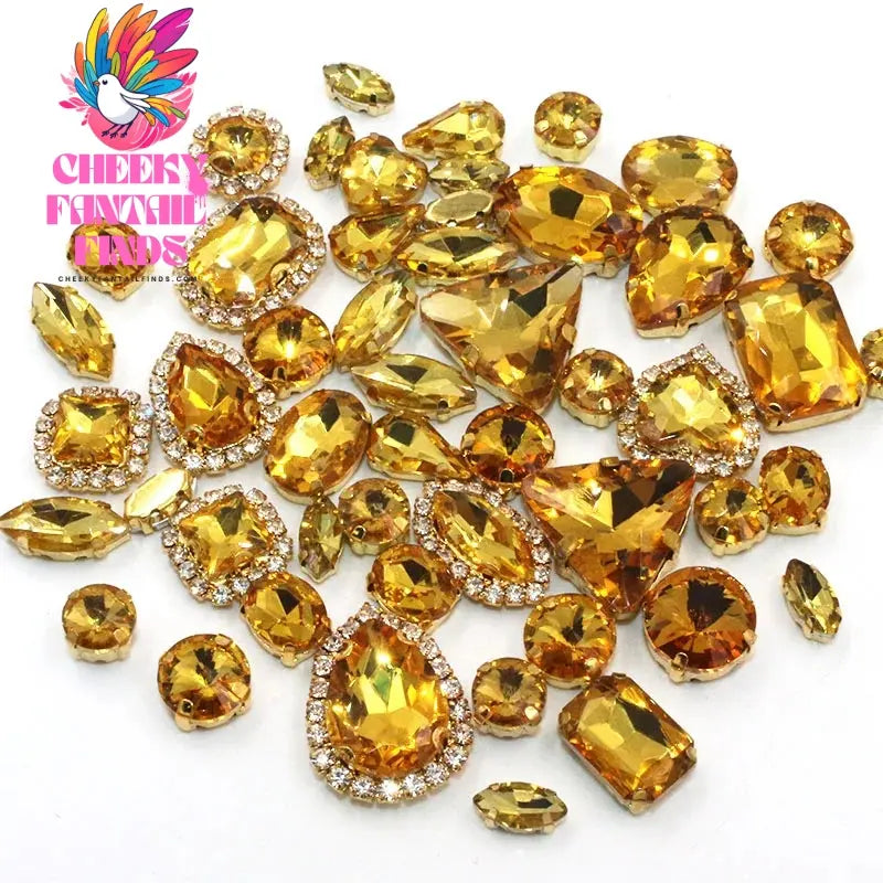 50pcs/Bag Shiny 24 Color Mixed Shape Sew on Glass Rhinestone Gold Claw Crystal Buckle Diy Wedding Decoration Clothes/Shoe/Dress Cheeky Fantail Finds