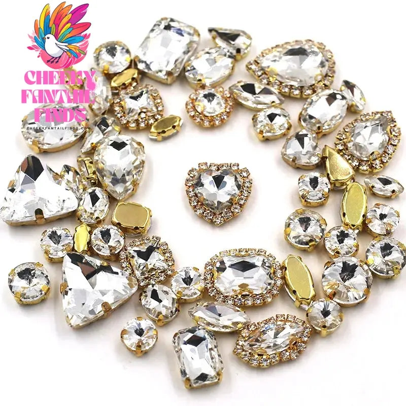 50pcs/Bag Shiny 24 Color Mixed Shape Sew on Glass Rhinestone Gold Claw Crystal Buckle Diy Wedding Decoration Clothes/Shoe/Dress Cheeky Fantail Finds