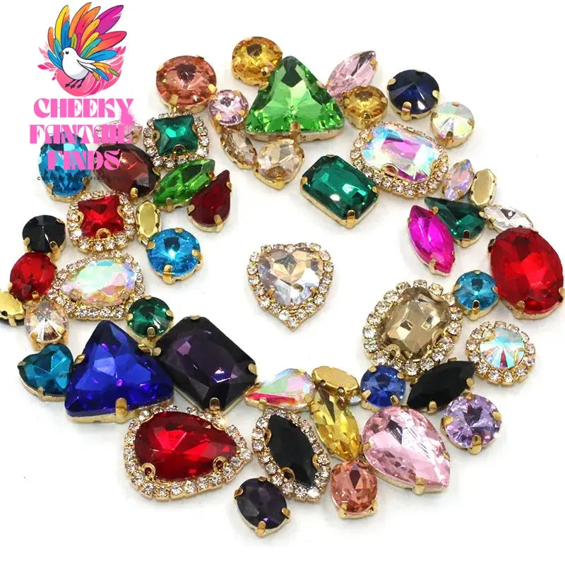 50pcs/Bag Shiny 24 Color Mixed Shape Sew on Glass Rhinestone Gold Claw Crystal Buckle Diy Wedding Decoration Clothes/Shoe/Dress Cheeky Fantail Finds