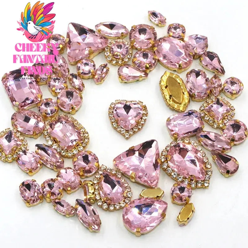 50pcs/Bag Shiny 24 Color Mixed Shape Sew on Glass Rhinestone Gold Claw Crystal Buckle Diy Wedding Decoration Clothes/Shoe/Dress Cheeky Fantail Finds