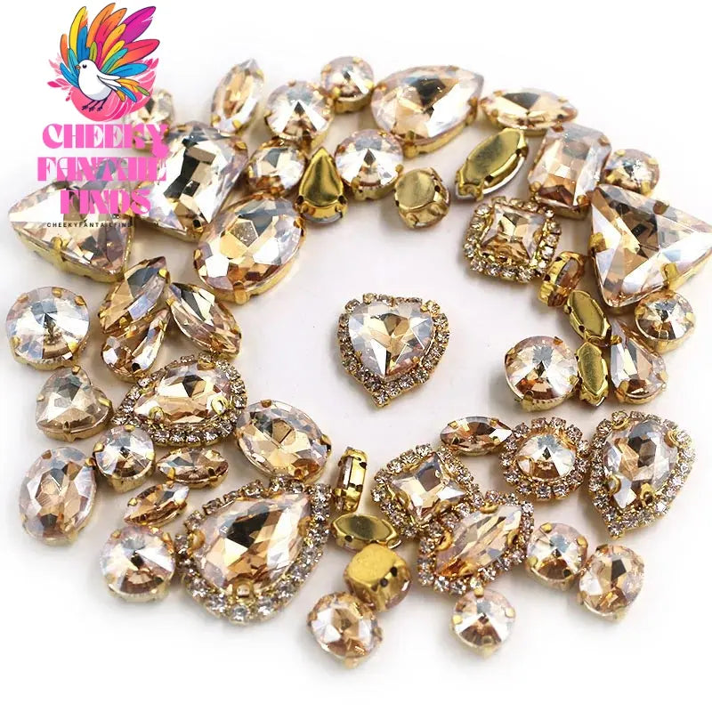 50pcs/Bag Shiny 24 Color Mixed Shape Sew on Glass Rhinestone Gold Claw Crystal Buckle Diy Wedding Decoration Clothes/Shoe/Dress Cheeky Fantail Finds