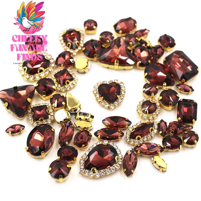 50pcs/Bag Shiny 24 Color Mixed Shape Sew on Glass Rhinestone Gold Claw Crystal Buckle Diy Wedding Decoration Clothes/Shoe/Dress Cheeky Fantail Finds