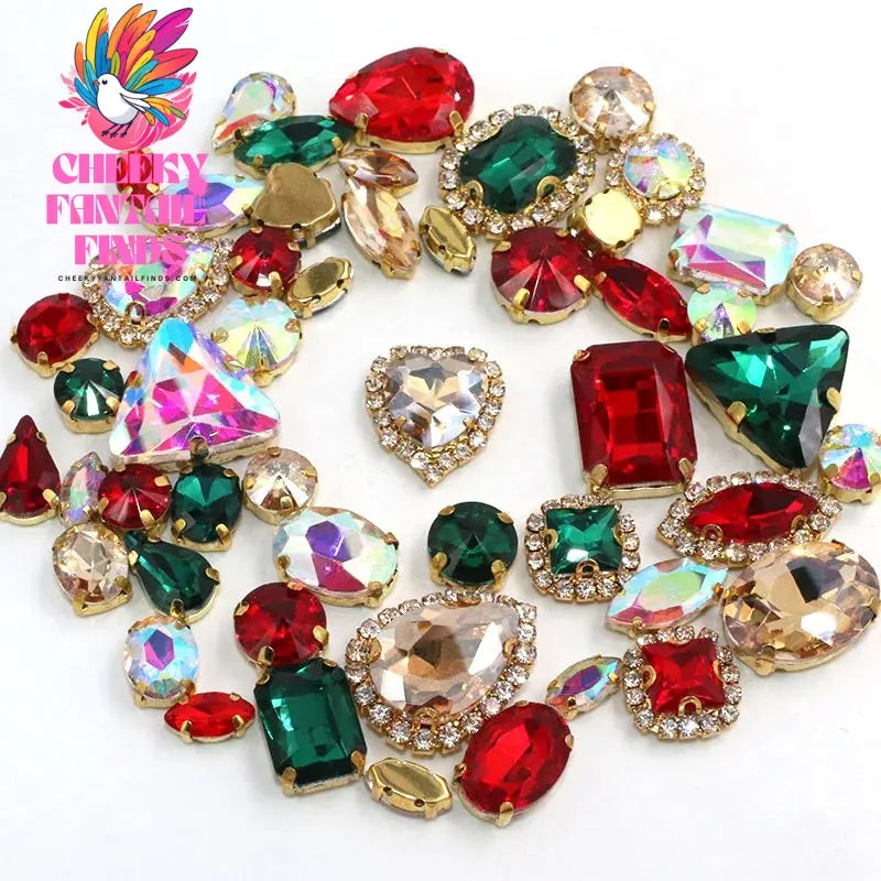 50pcs/Bag Shiny 24 Color Mixed Shape Sew on Glass Rhinestone Gold Claw Crystal Buckle Diy Wedding Decoration Clothes/Shoe/Dress Cheeky Fantail Finds
