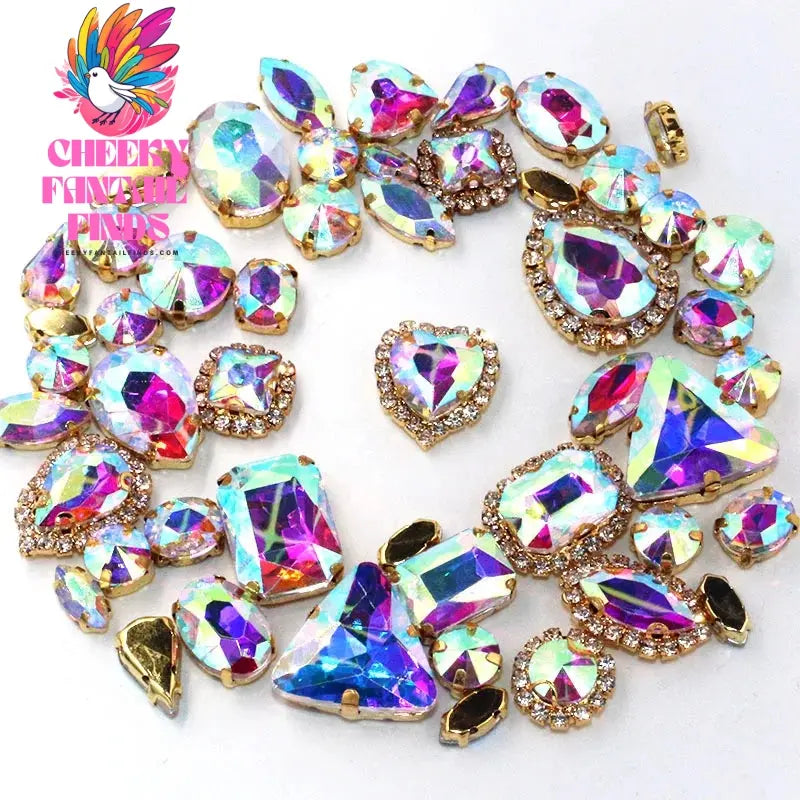 50pcs/Bag Shiny 24 Color Mixed Shape Sew on Glass Rhinestone Gold Claw Crystal Buckle Diy Wedding Decoration Clothes/Shoe/Dress Cheeky Fantail Finds