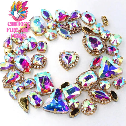 50pcs/Bag Shiny 24 Color Mixed Shape Sew on Glass Rhinestone Gold Claw Crystal Buckle Diy Wedding Decoration Clothes/Shoe/Dress Cheeky Fantail Finds
