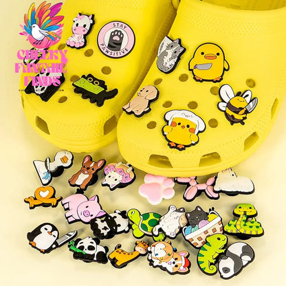 50pcs Cute Animal Shoes Accessories Funny Duck Bee Cows Shoe Charms Lovely Dogs Cats Slippers Clips Decorations panda Pins  Clog Cheeky Fantail Finds