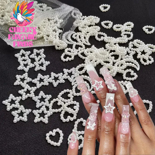 50pcs/bag White Heart Nail Pearls for DIY Nail Decoration 3D Hollow Crafting Jewelry Stars Nails Accessories Mnicure Parts Cheeky Fantail Finds