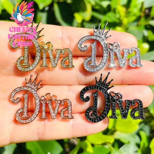 5pcs Crown DIVA Word Charms for Jewelry Making Gold-Plated Zirconia Pave Letters Pendant Women Bracelet Necklace Bangle Findings - Cheeky Fantail Finds