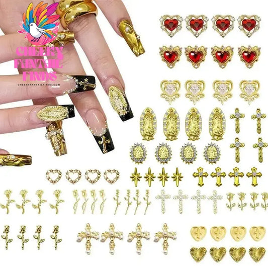 72pcs Gold Nail Charms Set with Gold Cross, Hearts, Rose, and Virgin Mary - Y2K 3D Chrome Nail Decorations Cheeky Fantail Finds
