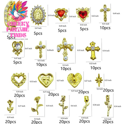 72pcs Gold Nail Charms Set with Gold Cross, Hearts, Rose, and Virgin Mary - Y2K 3D Chrome Nail Decorations Cheeky Fantail Finds