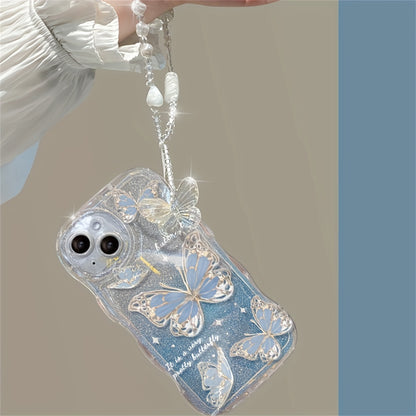 Butterfly Soft Phone Case for iPhone 14 Pro Max, 12 Pro, 13, 11 - Luxury, Romantic Wave Glitter, Clear Cover with Chain Lanyard