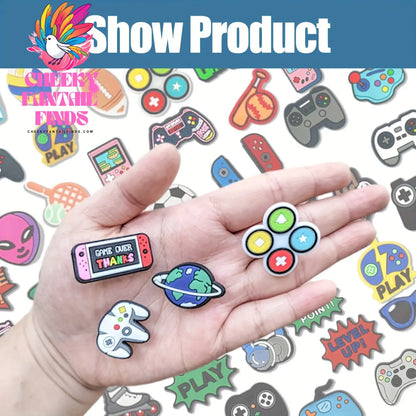 77pcs Game Series Mix, Game Console, Ball, Joystick, Basketball, English Phrase, Skateboard Shoe Charms for DIY Accessories Party Favors Cheeky Fantail Finds
