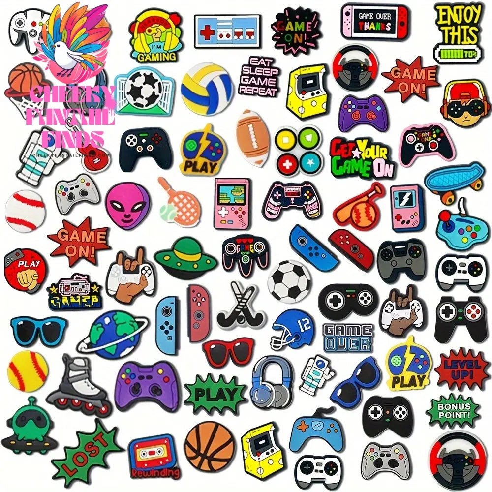 77pcs Game Series Mix, Game Console, Ball, Joystick, Basketball, English Phrase, Skateboard Shoe Charms for DIY Accessories Party Favors Cheeky Fantail Finds