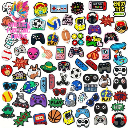 77pcs Game Series Mix, Game Console, Ball, Joystick, Basketball, English Phrase, Skateboard Shoe Charms for DIY Accessories Party Favors Cheeky Fantail Finds