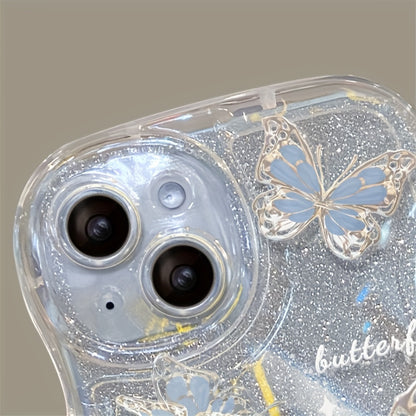 Butterfly Soft Phone Case for iPhone 14 Pro Max, 12 Pro, 13, 11 - Luxury, Romantic Wave Glitter, Clear Cover with Chain Lanyard