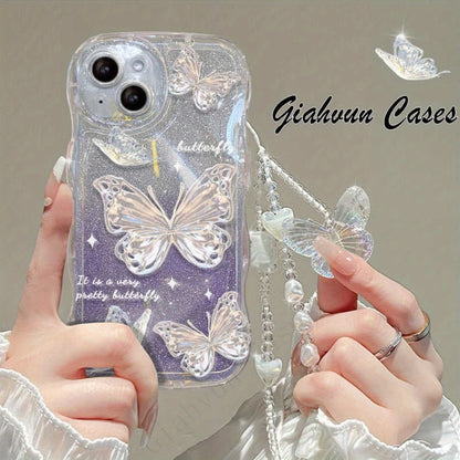 Laser Butterfly Artificial Pearl Crystal Anti-lost Bracelet Super Flash Dream Butterfly Phone Case For iPhone 14 13 12 11 Pro MAX Plus + Mini X/XS XR XSMax 7/8 7Plus/8Plus