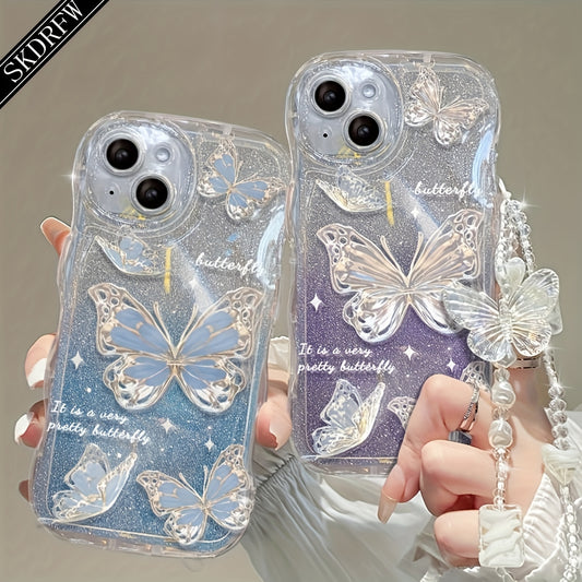 Laser Butterfly Artificial Pearl Crystal Anti-lost Bracelet Super Flash Dream Butterfly Phone Case For iPhone 14 13 12 11 Pro MAX Plus + Mini X/XS XR XSMax 7/8 7Plus/8Plus