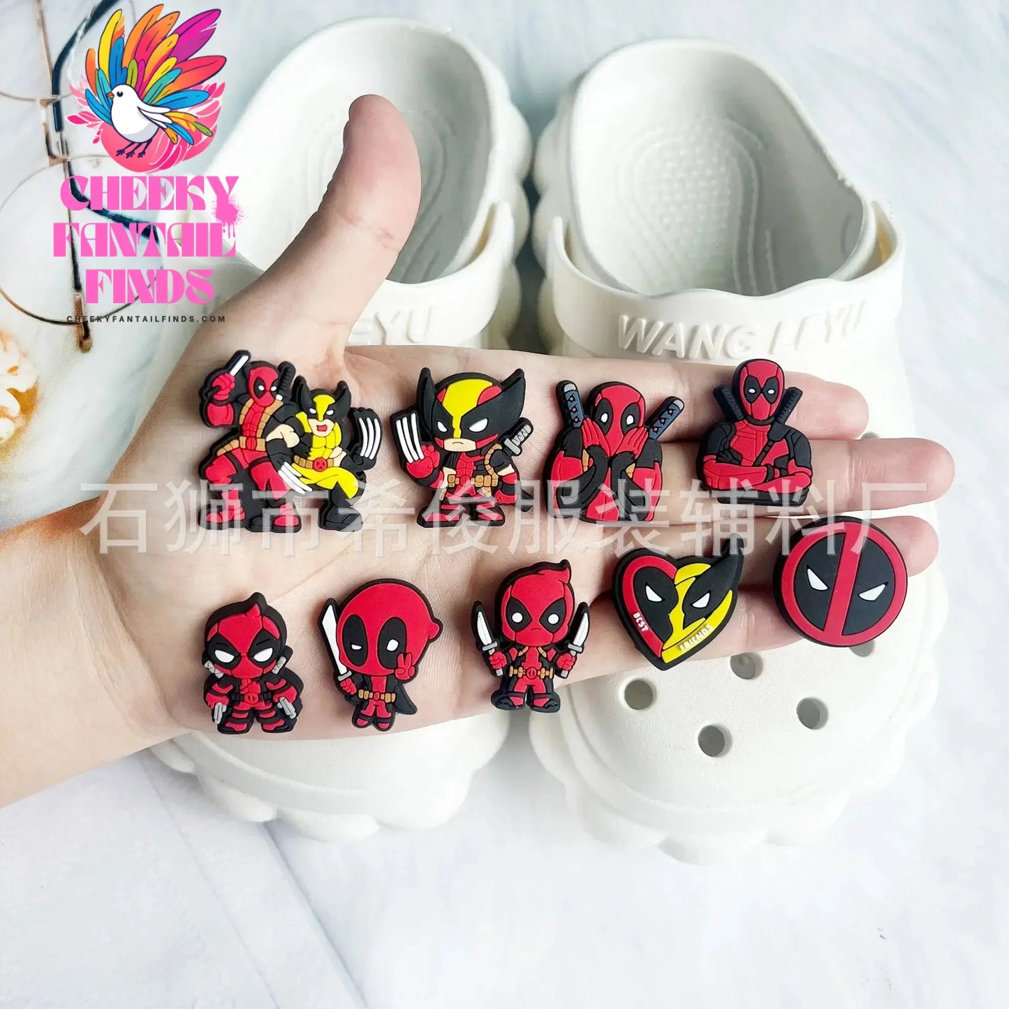 9pcs/set Movie Deadpool&Wolverine Shoes Buckle DIY Soft Glue Shoes Flower Decorative Accessories Charms Cheeky Fantail Finds