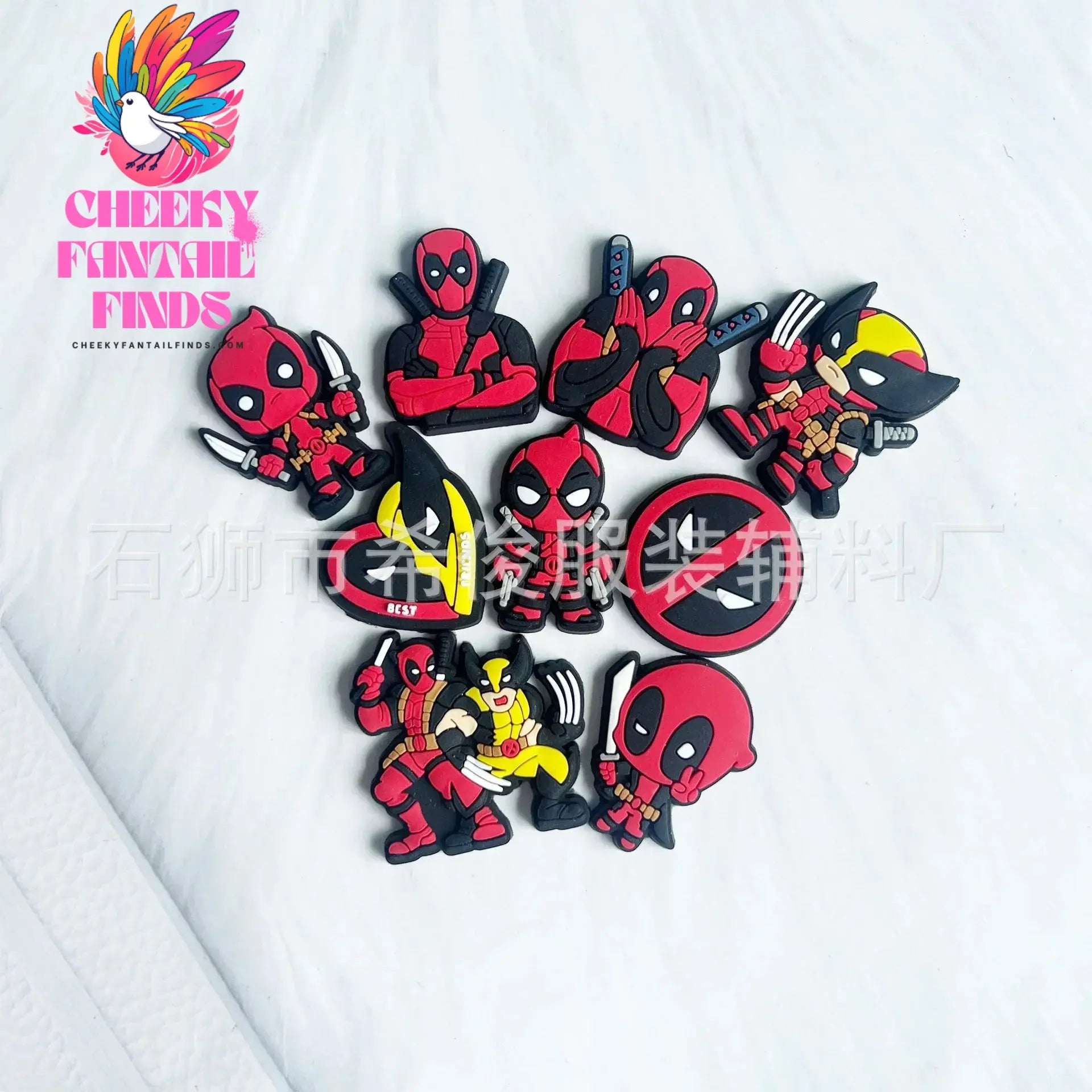 9pcs/set Movie Deadpool&Wolverine Shoes Buckle DIY Soft Glue Shoes Flower Decorative Accessories Charms Cheeky Fantail Finds