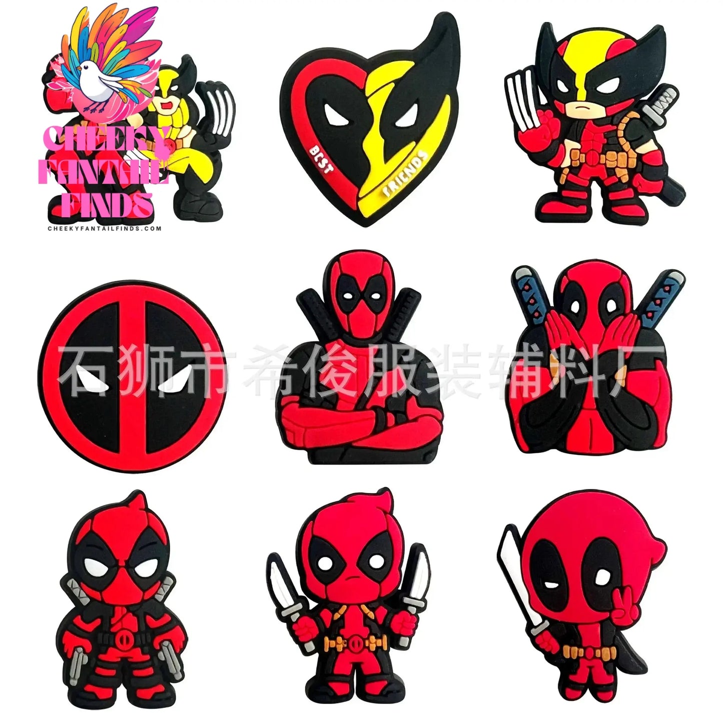 9pcs/set Movie Deadpool&Wolverine Shoes Buckle DIY Soft Glue Shoes Flower Decorative Accessories Charms Cheeky Fantail Finds