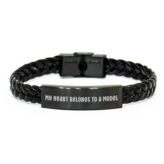 Funny Model Gifts for Him from Friends, Interlaced Leather Bracelet Quote 'My Heart Belongs To A Model', 7.87 inches, Graduation Unique Gifts for Model Enthusiasts - Image 1