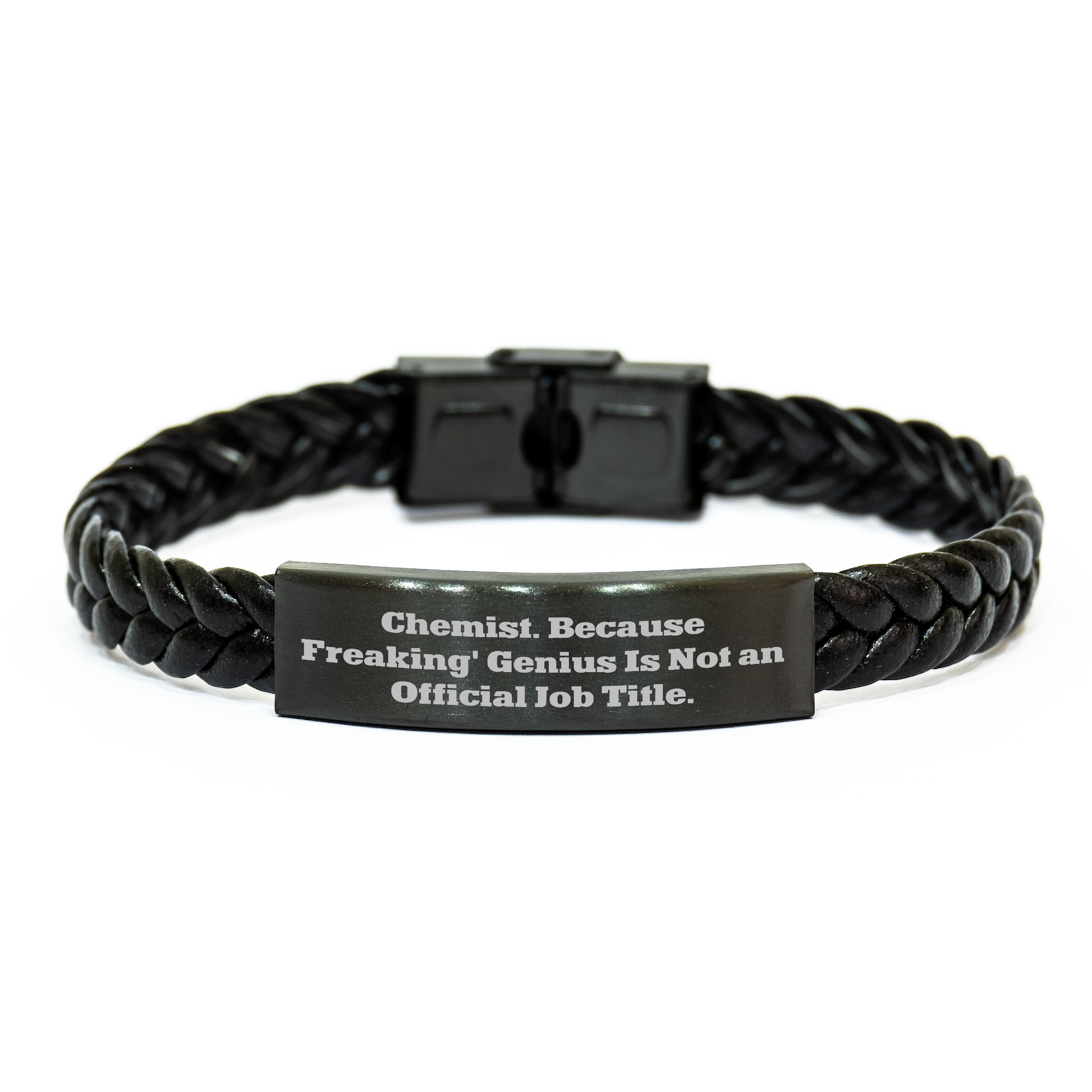 Funny Chemist Gifts from Friends - Interlaced Leather Bracelet for Graduation, 'Chemist. Because Freaking' genius Is Not An Official Job Title.' - Image 1