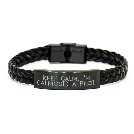 Pilot Gifts, Keep Calm I'm (almost) A Pilot Interlaced Leather Bracelet for Men, Women, Friends, Coworkers, Family - Graduation Unique Gifts from Dad, Mom, Sweetheart, Sweetheart - Image 1