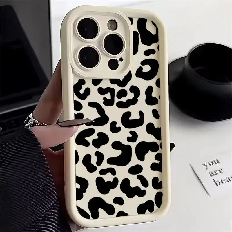 Black Leopard Print Pattern Silicone Phone Case For iPhone 11 12 13 14 15 16 Pro Max X XS XR 7 8 Plus SE 2 Shockproof Soft Cover Cheeky Fantail Finds