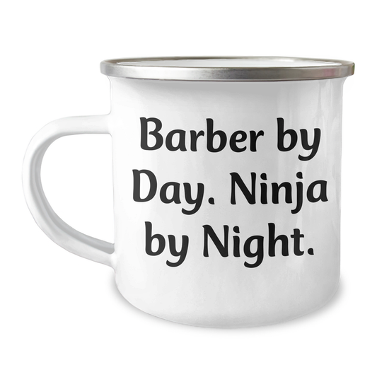 Funny Barber Gifts for Father's Day, 'Barber By Day. Ninja By Night.' Stainless Steel Camping Mug, Gifts from Men for Barbers - Image 1