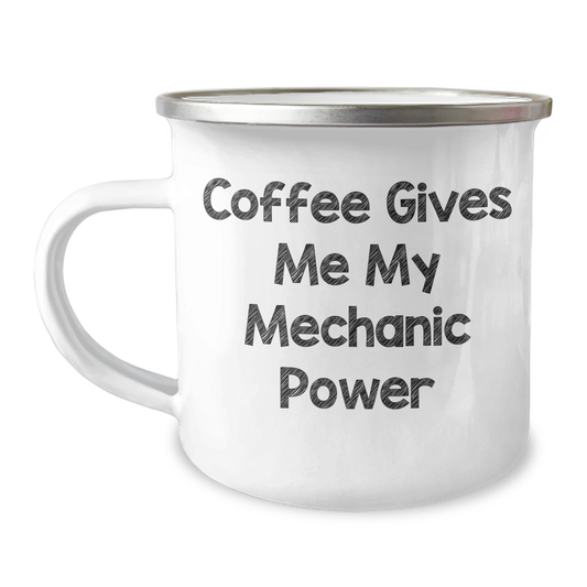Mechanic Gifts from Family - Funny Coffee Mug for Graduation with 'Coffee Gives Me My Mechanic Power' Quote, 12 oz Stainless Steel with Enamel Finish Camping Mug - Image 1