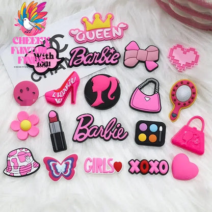 CCF  20P Cute Cartoon PVC Pink Fashion Barbie Shoe Flowers DIY Hole Shoes Sandals Charm Shoes Accessories Party Festival Gifts Cheeky Fantail Finds