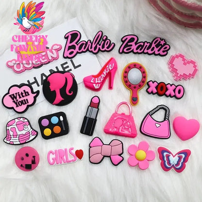 CCF  20P Cute Cartoon PVC Pink Fashion Barbie Shoe Flowers DIY Hole Shoes Sandals Charm Shoes Accessories Party Festival Gifts Cheeky Fantail Finds