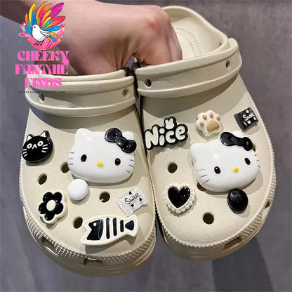 CCF Cartoon Black Series Hello Kitty Set Shoe Decoration DIY Detachable Wristband Buckle Children's Wooden Clogs Shoe Buckle Cheeky Fantail Finds
