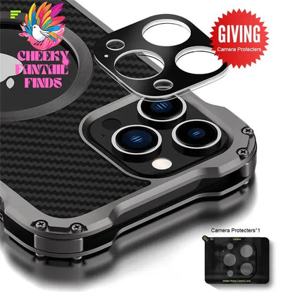 Carbon Fiber Lens Protection Phone Case for iPhone 14 Plus 12 13 Pro Max Mini Compatible with MagSafe Metal Bumpers Cover Cheeky Fantail Finds