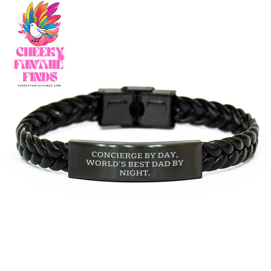 Concierge Gifts for Men - 'Concierge By Day, World's Best Dad By Night' Interlaced Leather Bracelet, Father's Day Unique Gifts from Family - Image 1