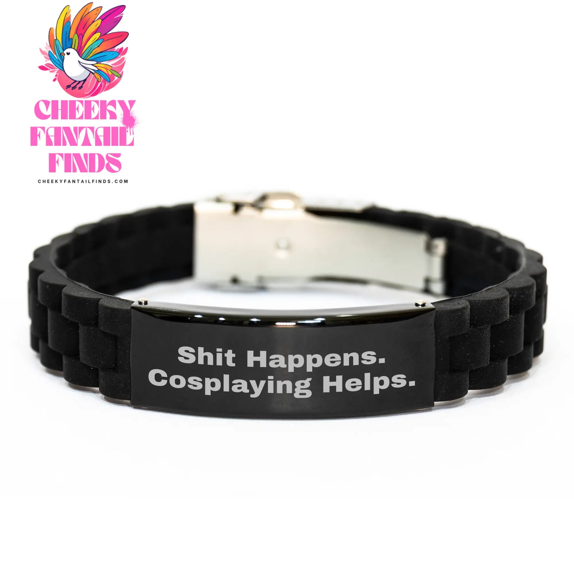 Cosplaying Gifts from Friends for Men - Shit Happens. Cosplaying Helps. Glide lock Clasp Black Adjustable Bracelet for Father's Day - Image 1