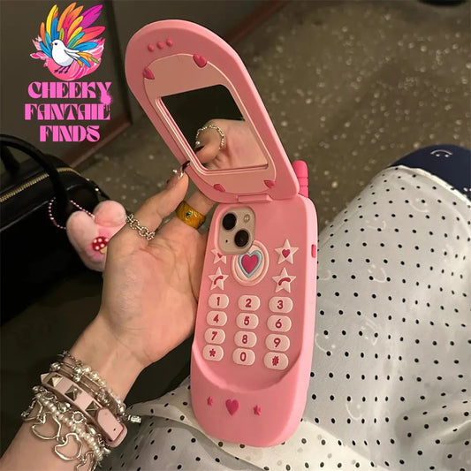 Cute 3D Pink Cellphone Model Flip Mirror Silicone Case For iPhone 16 15 14 13 12 Pro Max 11 Shockproof Soft Cover Gift Cheeky Fantail Finds