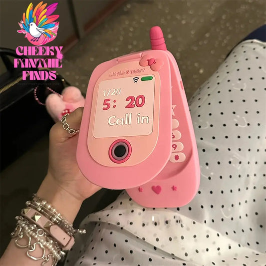 Cute 3D Pink Cellphone Model Flip Mirror Silicone Case For iPhone 16 15 14 13 12 Pro Max 11 Shockproof Soft Cover Gift Cheeky Fantail Finds