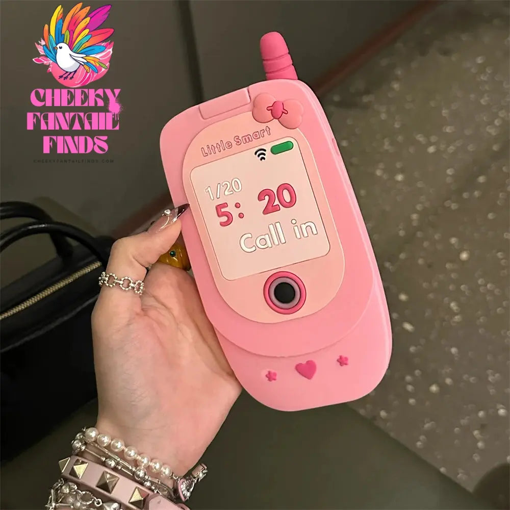 Cute 3D Pink Cellphone Model Flip Mirror Silicone Case For iPhone 16 15 14 13 12 Pro Max 11 Shockproof Soft Cover Gift Cheeky Fantail Finds