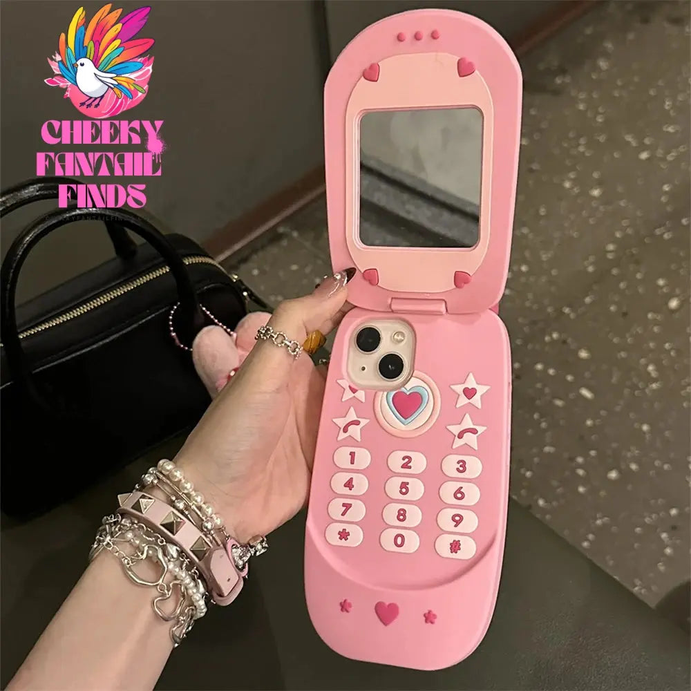Cute 3D Pink Cellphone Model Flip Mirror Silicone Case For iPhone 16 15 14 13 12 Pro Max 11 Shockproof Soft Cover Gift Cheeky Fantail Finds