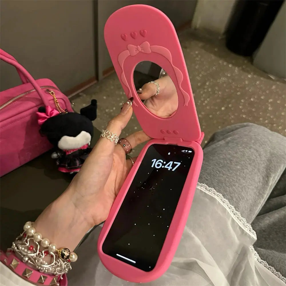 Cute 3D Pink Cellphone Model Flip Mirror Silicone Case For iPhone 16 15 14 13 12 Pro Max 11 Shockproof Soft Cover Gift Cheeky Fantail Finds