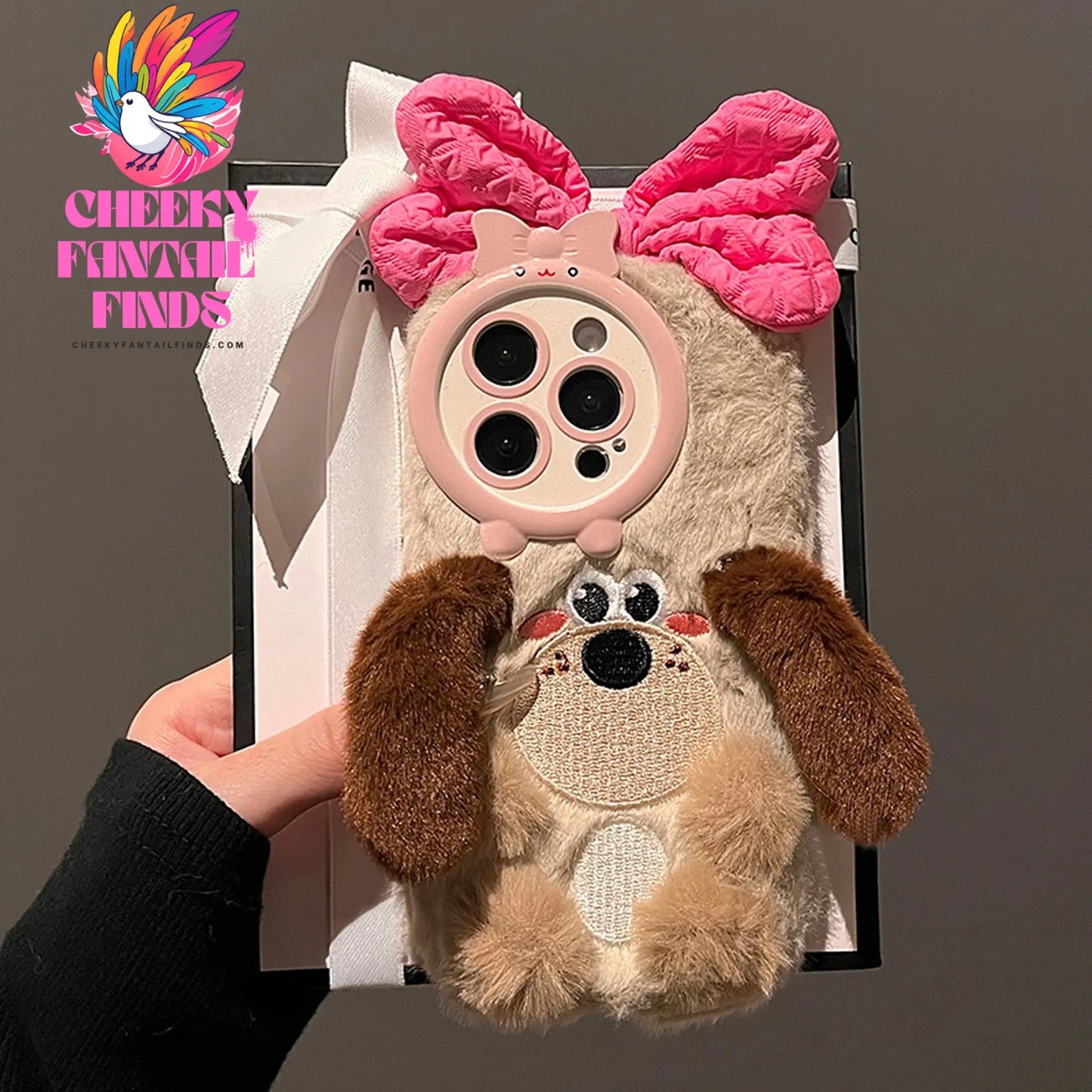 Cute Brown Bow Dog Plush Case for iPhone 16 15 14 13 12 11 Pro Max Cheeky Fantail Finds
