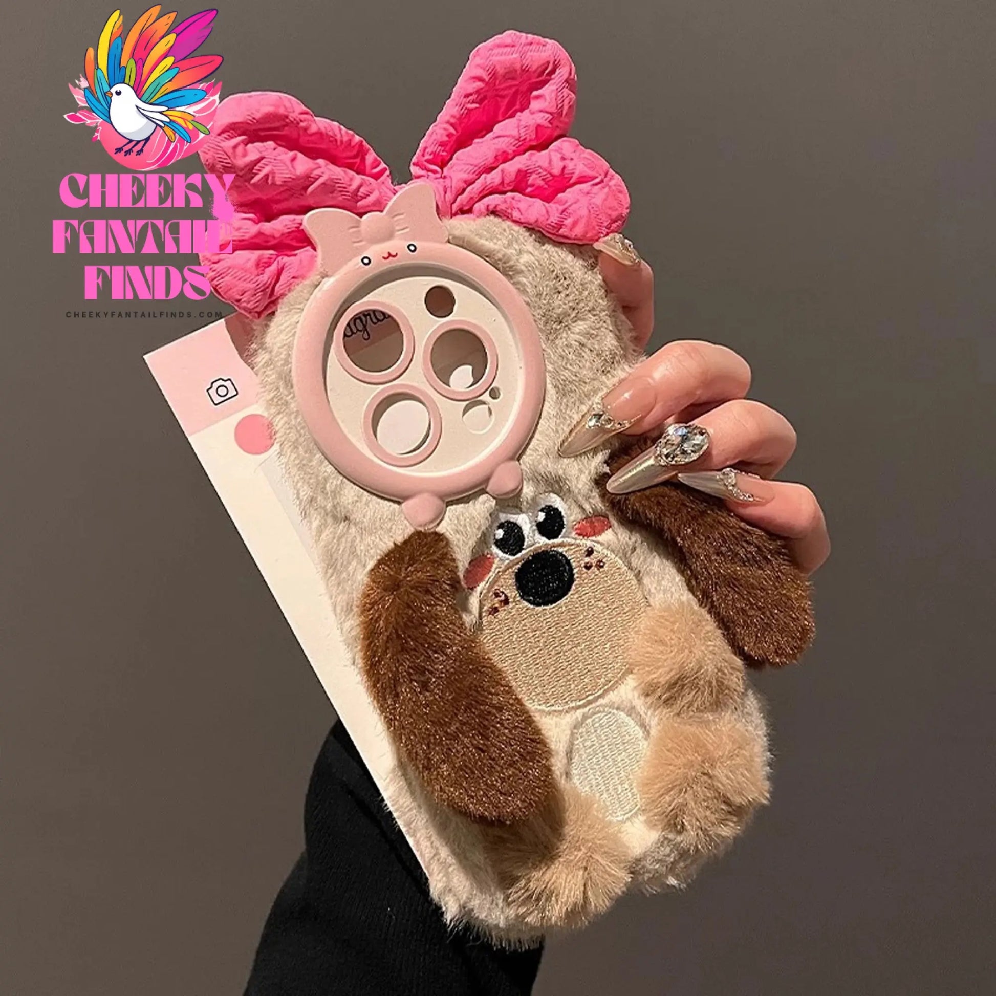 Cute Brown Bow Dog Plush Case for iPhone 16 15 14 13 12 11 Pro Max Cheeky Fantail Finds