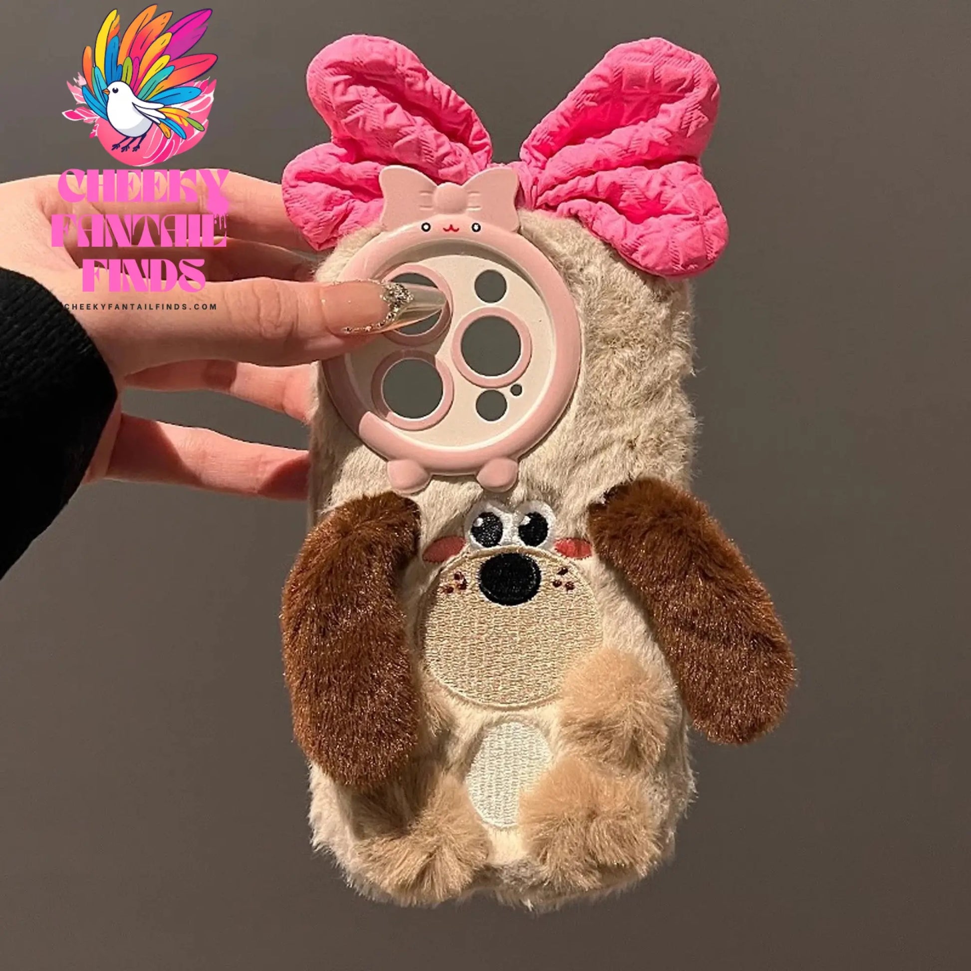 Cute Brown Bow Dog Plush Case for iPhone 16 15 14 13 12 11 Pro Max Cheeky Fantail Finds