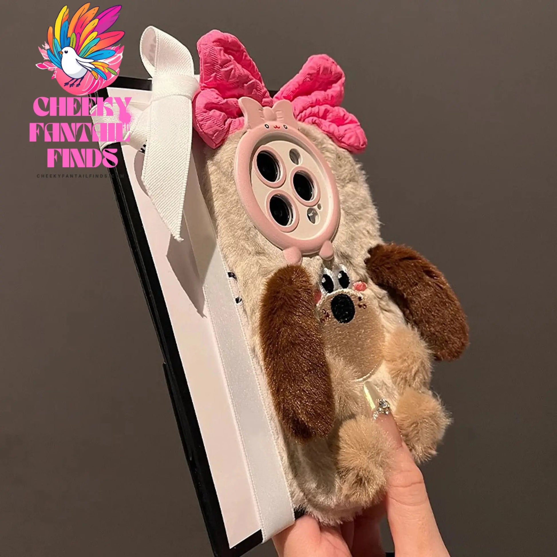 Cute Brown Bow Dog Plush Case for iPhone 16 15 14 13 12 11 Pro Max Cheeky Fantail Finds