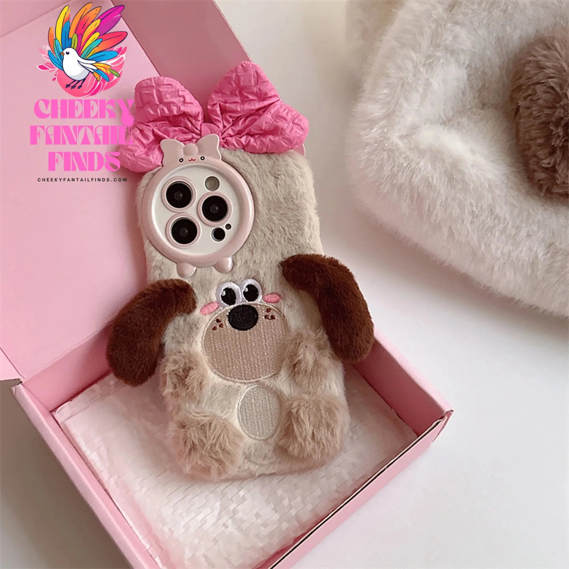 Cute Brown Bow Dog Plush Case for iPhone 16 15 14 13 12 11 Pro Max Cheeky Fantail Finds