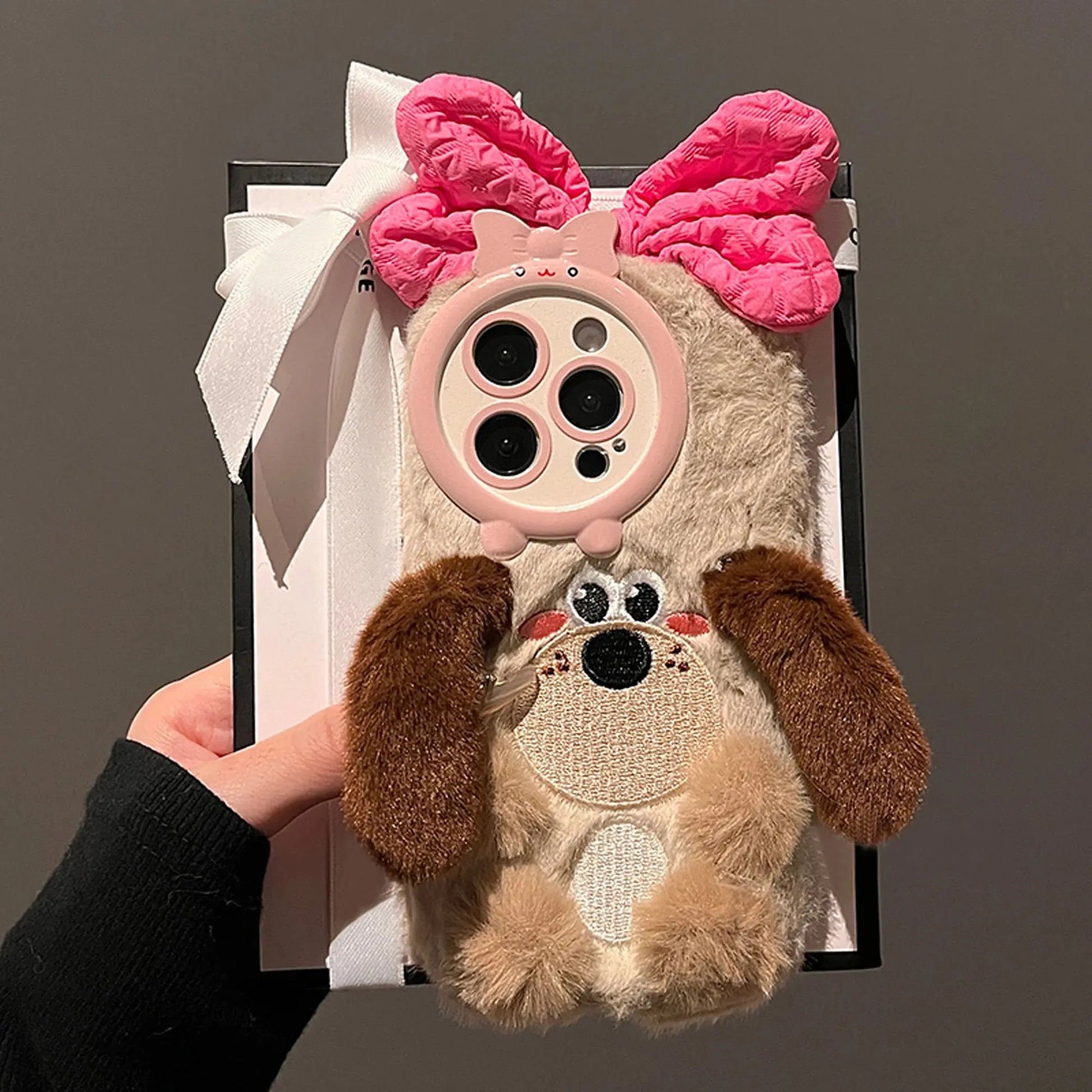 Cute Brown Bow Dog Plush Case for iPhone 16 15 14 13 12 11 Pro Max Cheeky Fantail Finds