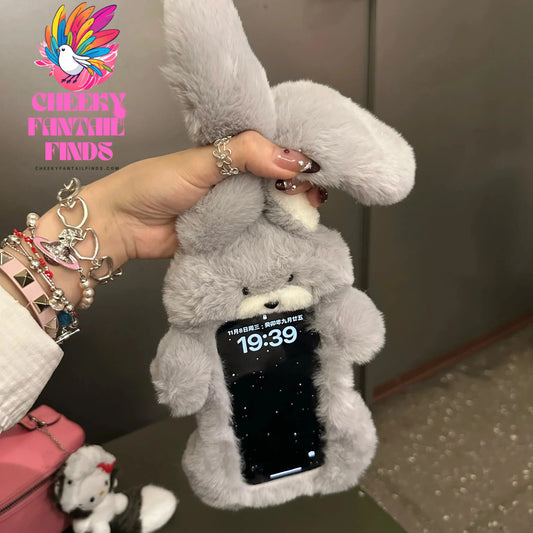 Cute Fluffy Plush Long Ears Rabbit Phone Case for iPhone 15 14 13 12 Pro Max 11 16pro Girls Kawaii Furry Cartoon Protector Cover Cheeky Fantail Finds