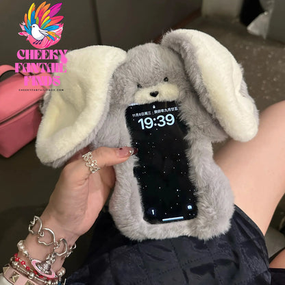 Cute Fluffy Plush Long Ears Rabbit Phone Case for iPhone 15 14 13 12 Pro Max 11 16pro Girls Kawaii Furry Cartoon Protector Cover Cheeky Fantail Finds
